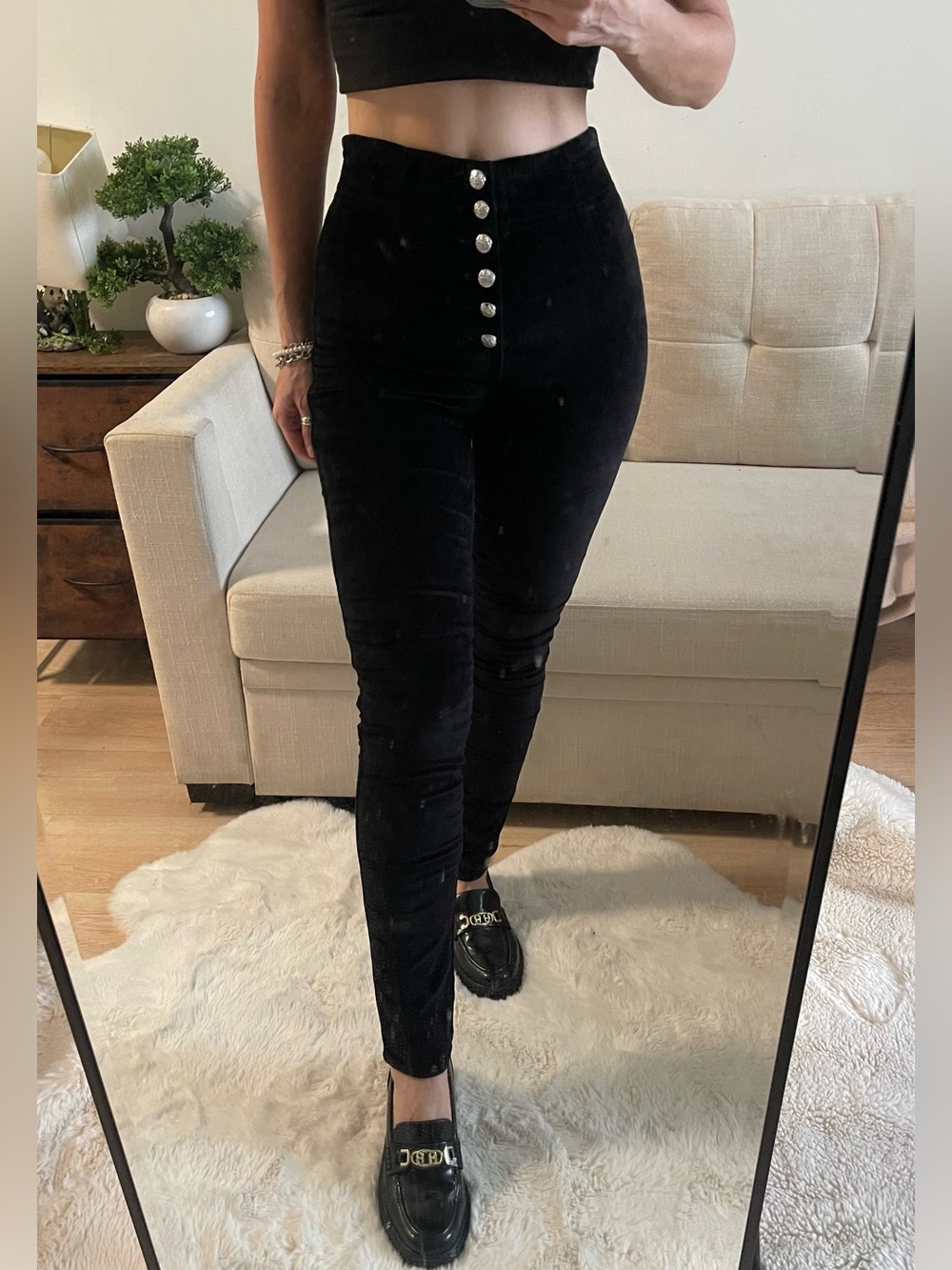 Veronica Beard Debbie High Rise Skinny Velvet Jeans Black Silver Button Size 25